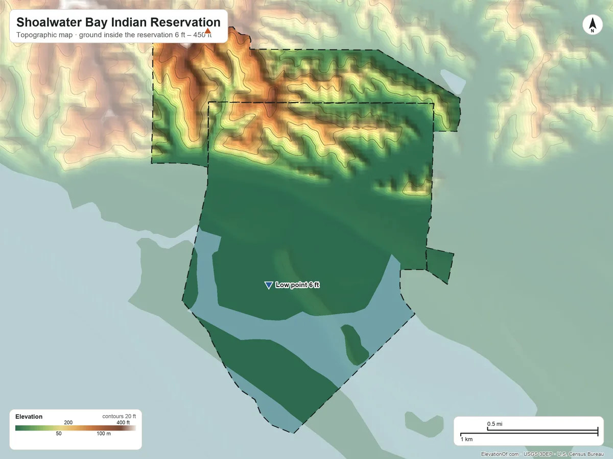 Topographic elevation map of Shoalwater Bay Indian Reservation, Washington, shaded from 6 ft on the southwest side to 450 ft on the northwest side