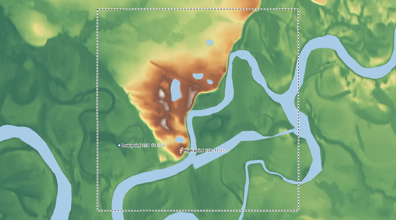 Topographic elevation map of Shungnak ANVSA, Alaska, shaded from 110 ft on the southwest side to 210 ft on the south side