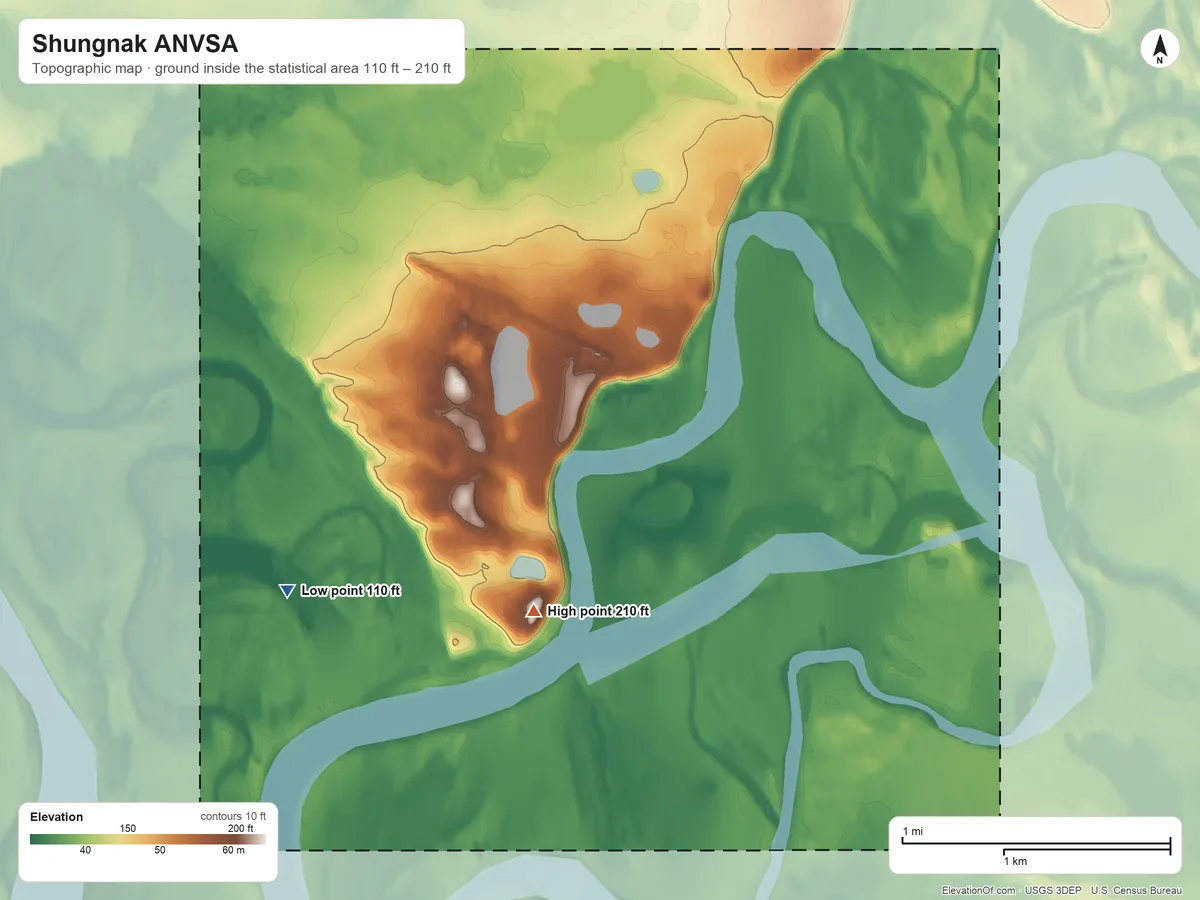 Topographic elevation map of Shungnak ANVSA, Alaska, shaded from 110 ft on the southwest side to 210 ft on the south side