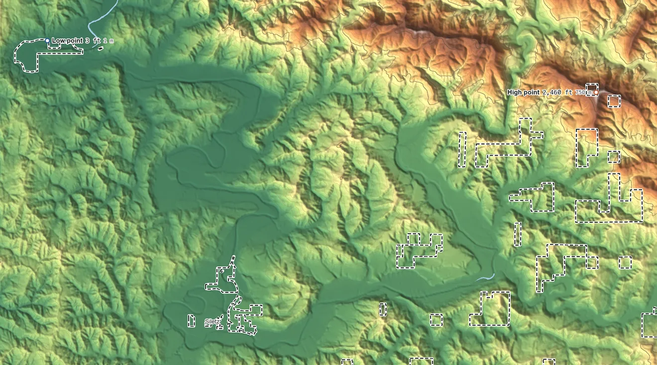 Topographic elevation map of Siletz Reservation, Oregon, shaded from 3 ft on the northwest side to 2,460 ft on Diamond Peak