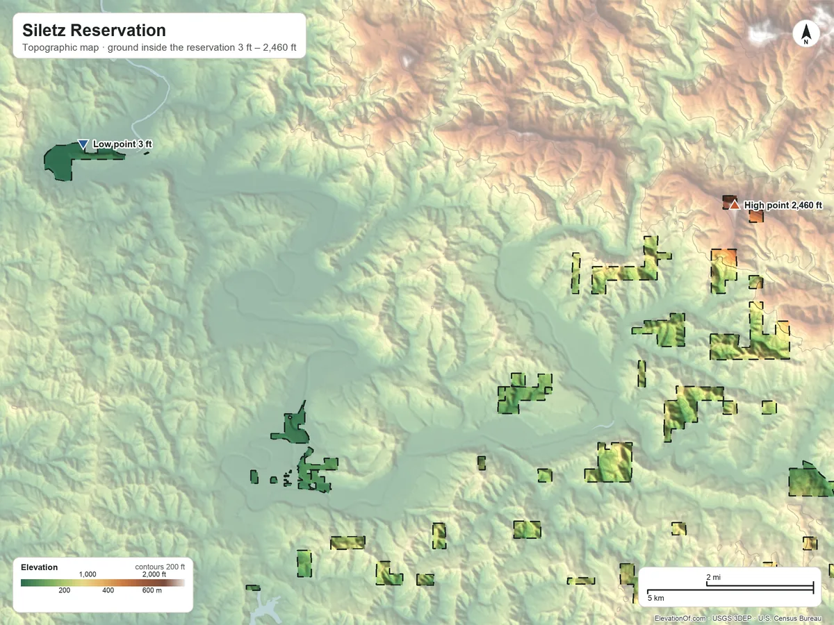 Topographic elevation map of Siletz Reservation, Oregon, shaded from 3 ft on the northwest side to 2,460 ft on Diamond Peak