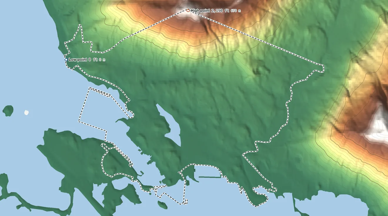 Topographic elevation map of Sitka ANVSA, Alaska, shaded from sea level on the Western Channel to 2,190 ft on Harbor Peak