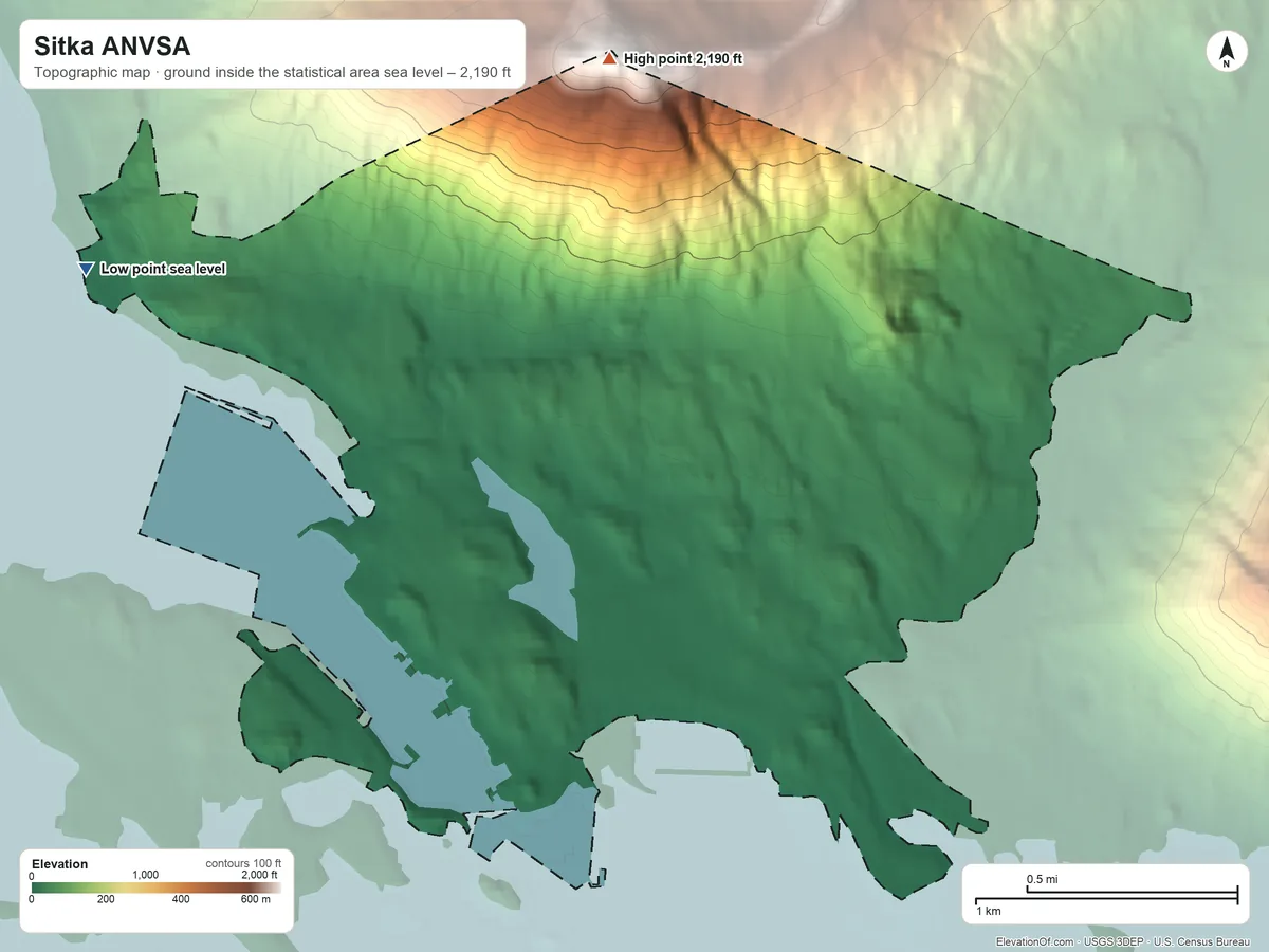 Topographic elevation map of Sitka ANVSA, Alaska, shaded from sea level on the Western Channel to 2,190 ft on Harbor Peak