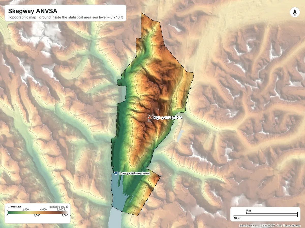 Topographic elevation map of Skagway ANVSA, Alaska, shaded from sea level on Taiya Inlet to 6,710 ft on Mount Carmack