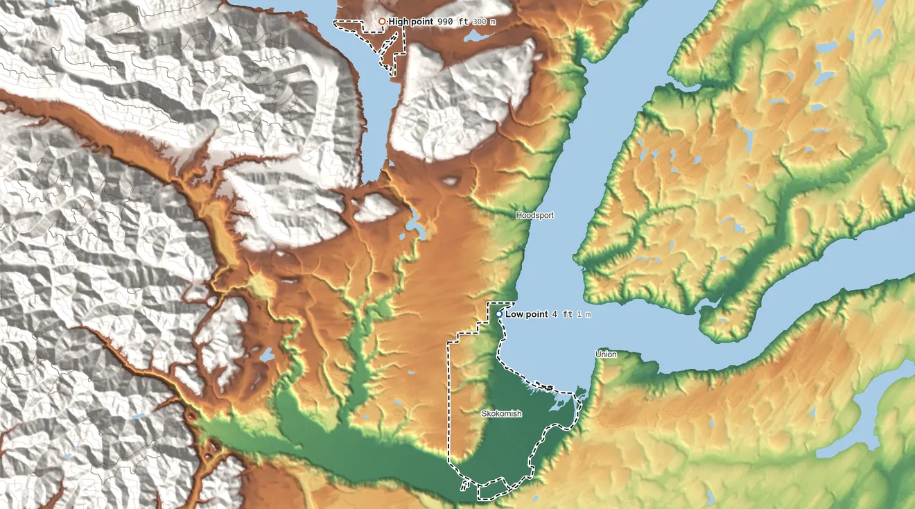 Topographic elevation map of Skokomish Reservation, Washington, shaded from 4 ft on the southeast side to 990 ft on the north side