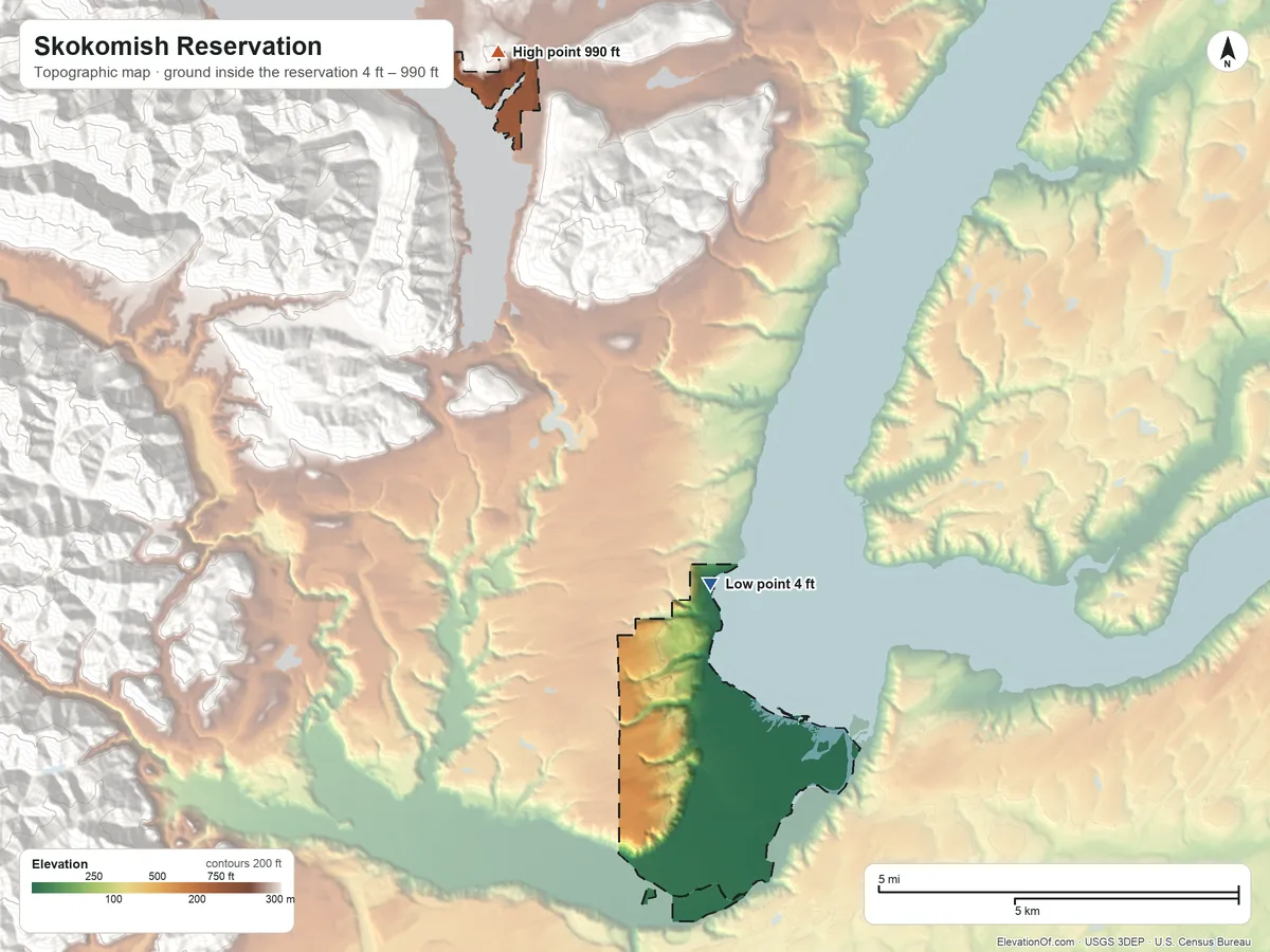 Topographic elevation map of Skokomish Reservation, Washington, shaded from 4 ft on the southeast side to 990 ft on the north side