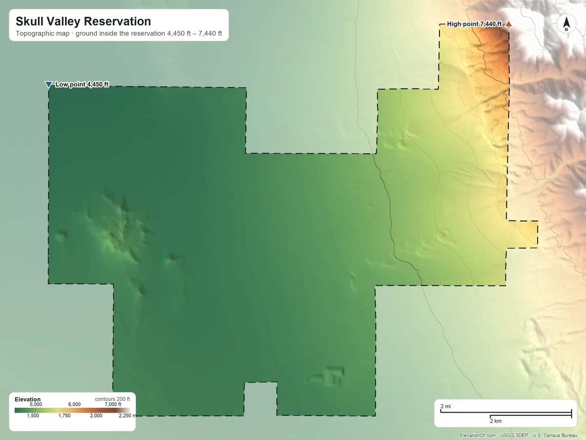Topographic elevation map of Skull Valley Reservation, Utah, shaded from 4,450 ft on the northwest side to 7,440 ft on the northeast side