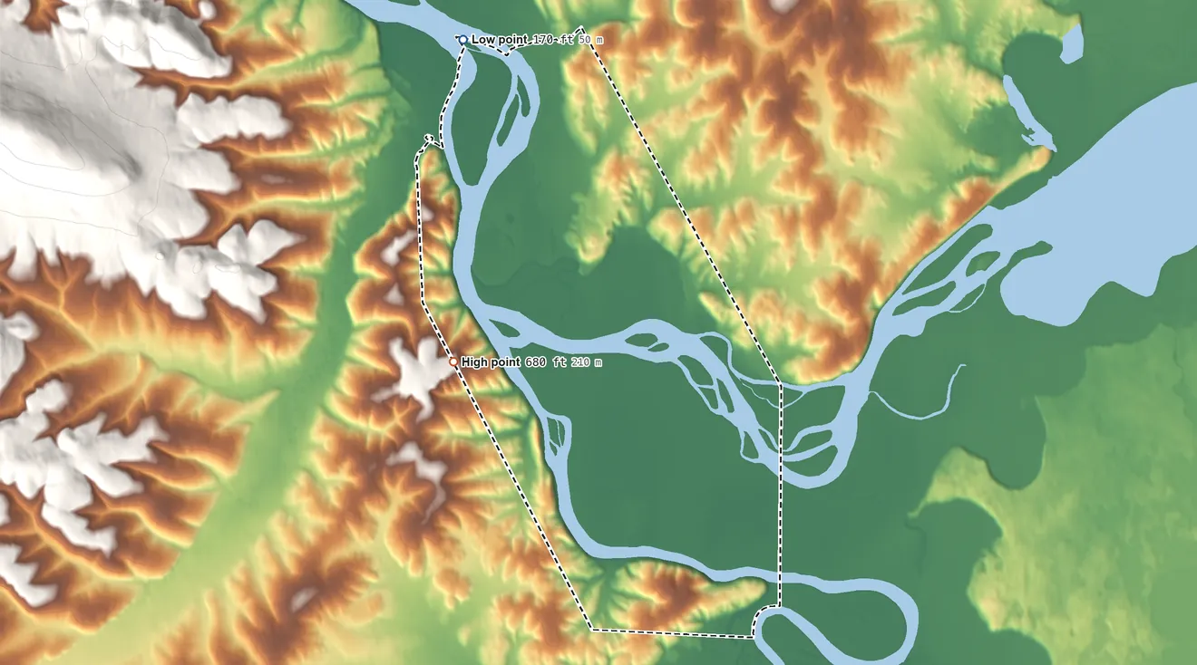 Topographic elevation map of Sleetmute ANVSA, Alaska, shaded from 170 ft on the northwest side to 680 ft on the west side