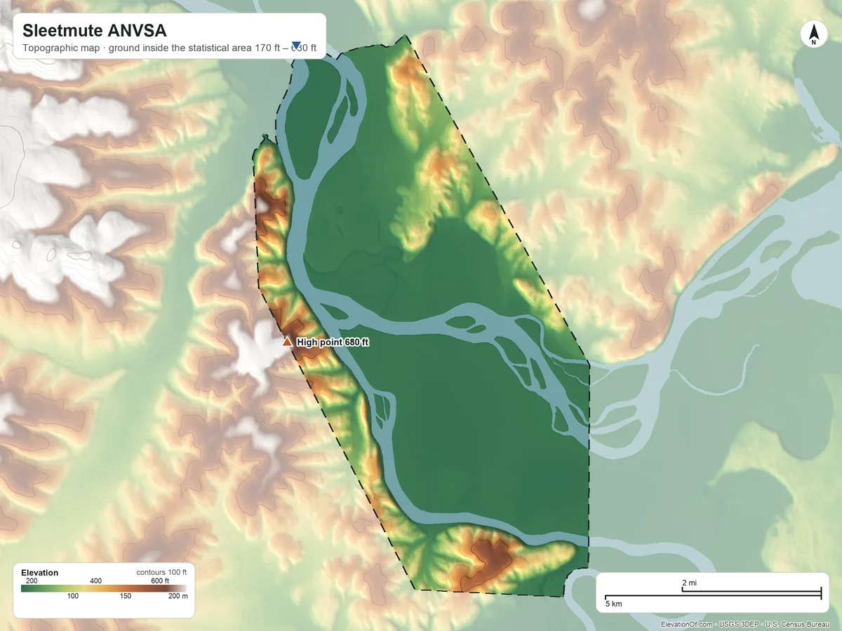 Topographic elevation map of Sleetmute ANVSA, Alaska, shaded from 170 ft on the northwest side to 680 ft on the west side