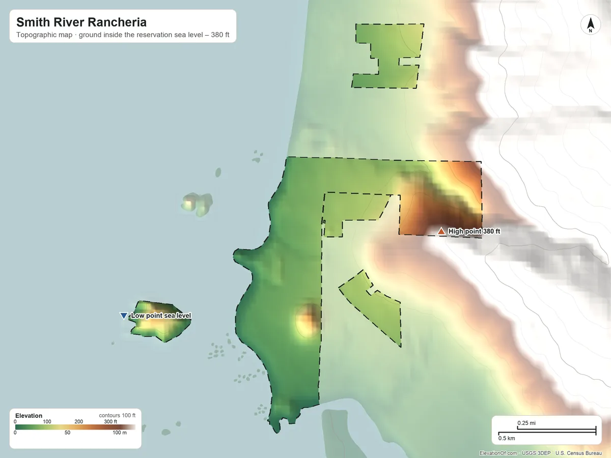 Topographic elevation map of Smith River Rancheria, California, shaded from sea level on the Pacific Ocean to 380 ft on the east side