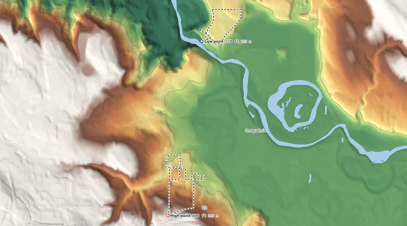 Topographic elevation map of Snoqualmie Reservation, Washington, shaded from 370 ft on the north side to 800 ft on the south side
