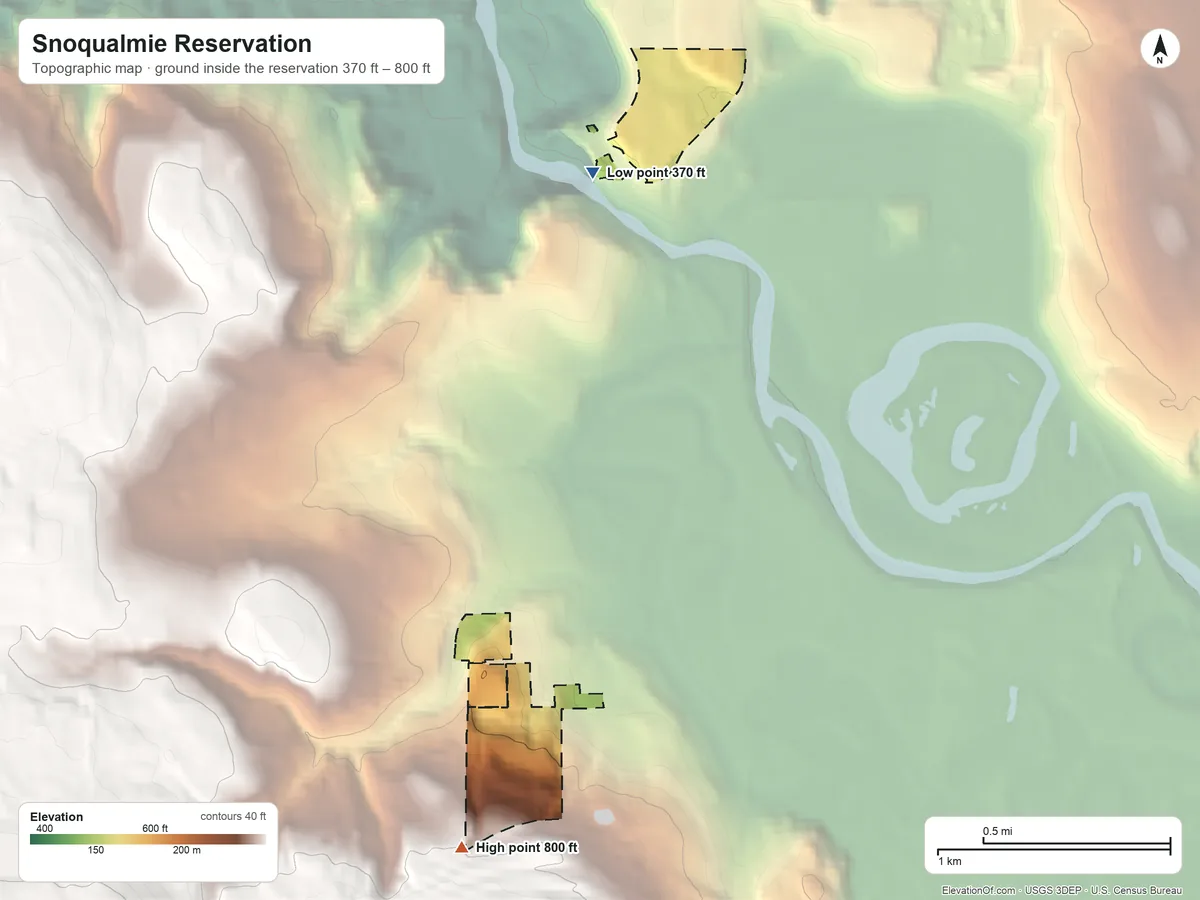 Topographic elevation map of Snoqualmie Reservation, Washington, shaded from 370 ft on the north side to 800 ft on the south side