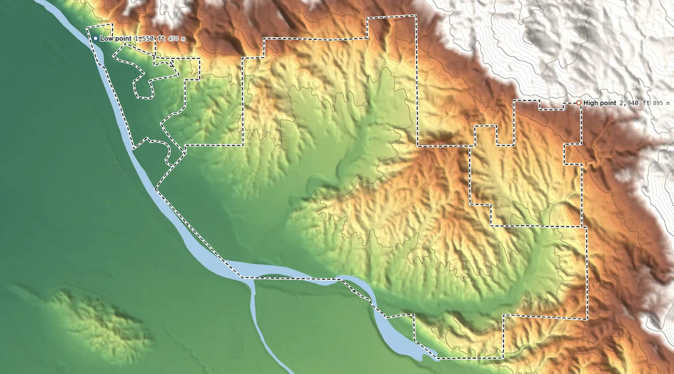Topographic elevation map of Soboba Reservation, California, shaded from 1,550 ft on the northwest side to 2,940 ft on the east side