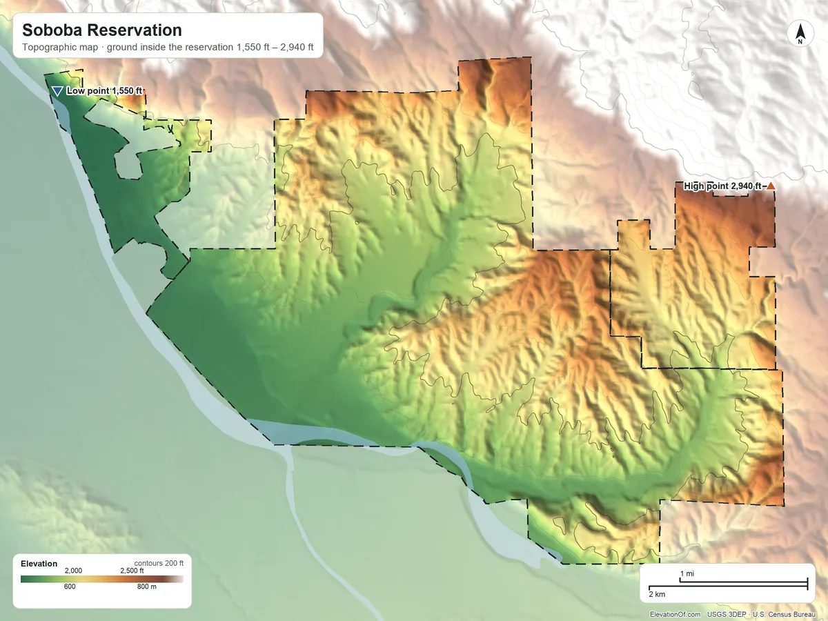 Topographic elevation map of Soboba Reservation, California, shaded from 1,550 ft on the northwest side to 2,940 ft on the east side
