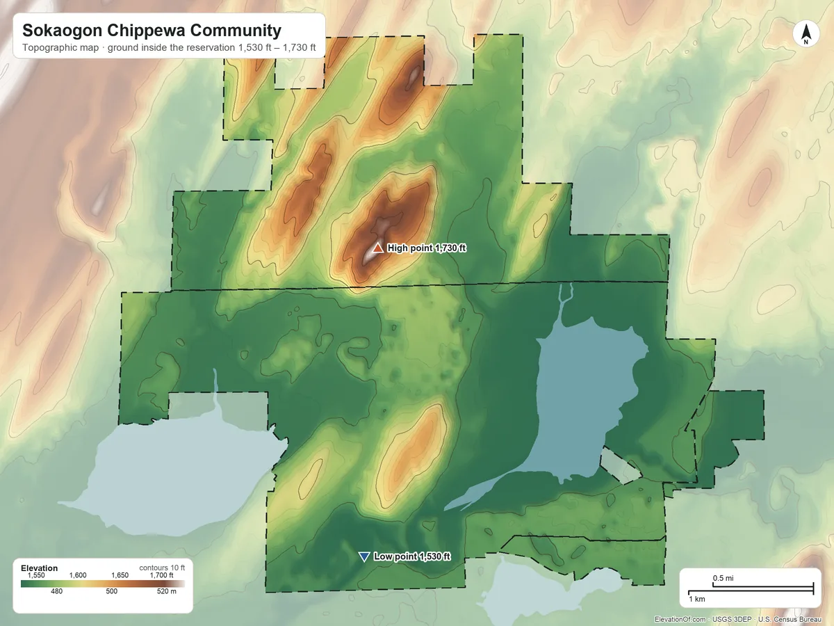 Topographic elevation map of Sokaogon Chippewa Community, Wisconsin, shaded from 1,530 ft on the south side to 1,730 ft near the middle