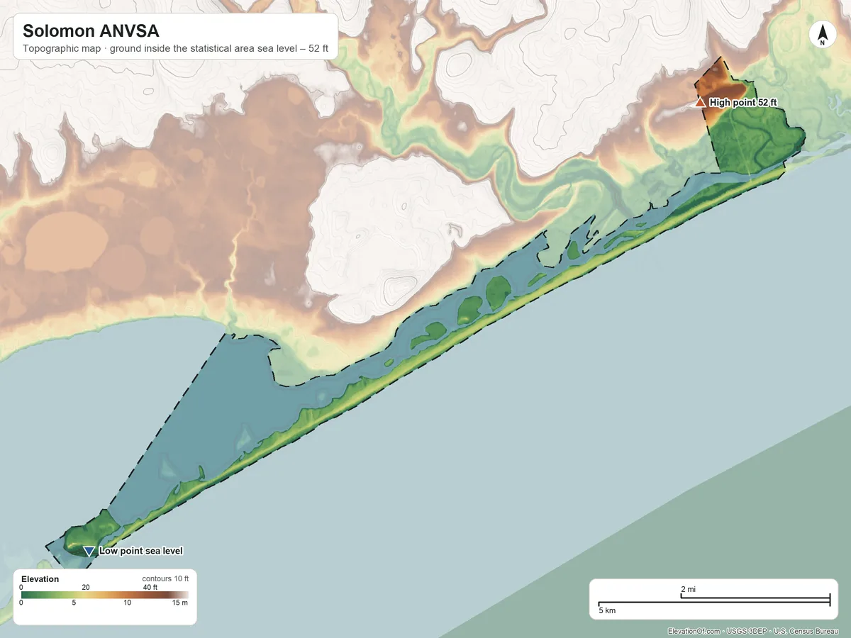Topographic elevation map of Solomon ANVSA, Alaska, shaded from sea level on Safety Sound to 52 ft on the northeast side