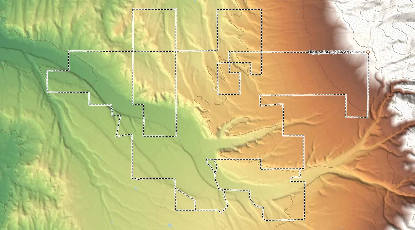 Topographic elevation map of South Fork Reservation, Nevada, shaded from 5,240 ft on the northwest side to 6,940 ft on the east side