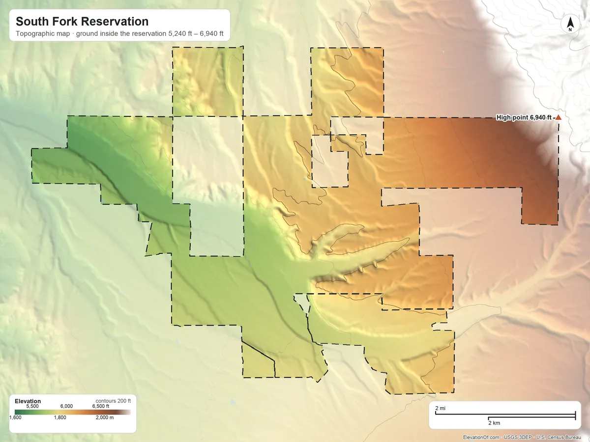 Topographic elevation map of South Fork Reservation, Nevada, shaded from 5,240 ft on the northwest side to 6,940 ft on the east side