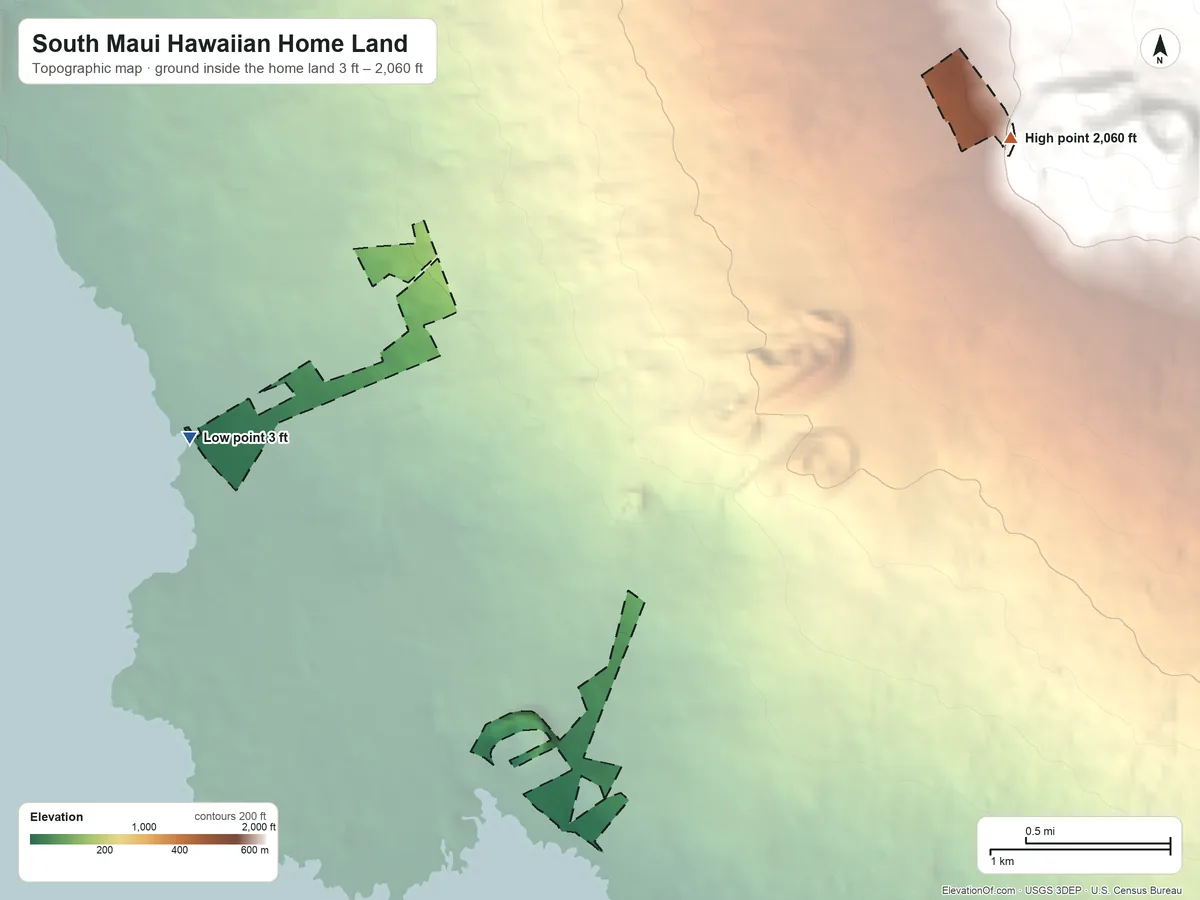 Topographic elevation map of South Maui Hawaiian Home Land, Hawaii, shaded from 3 ft on the west side to 2,060 ft on the northeast side