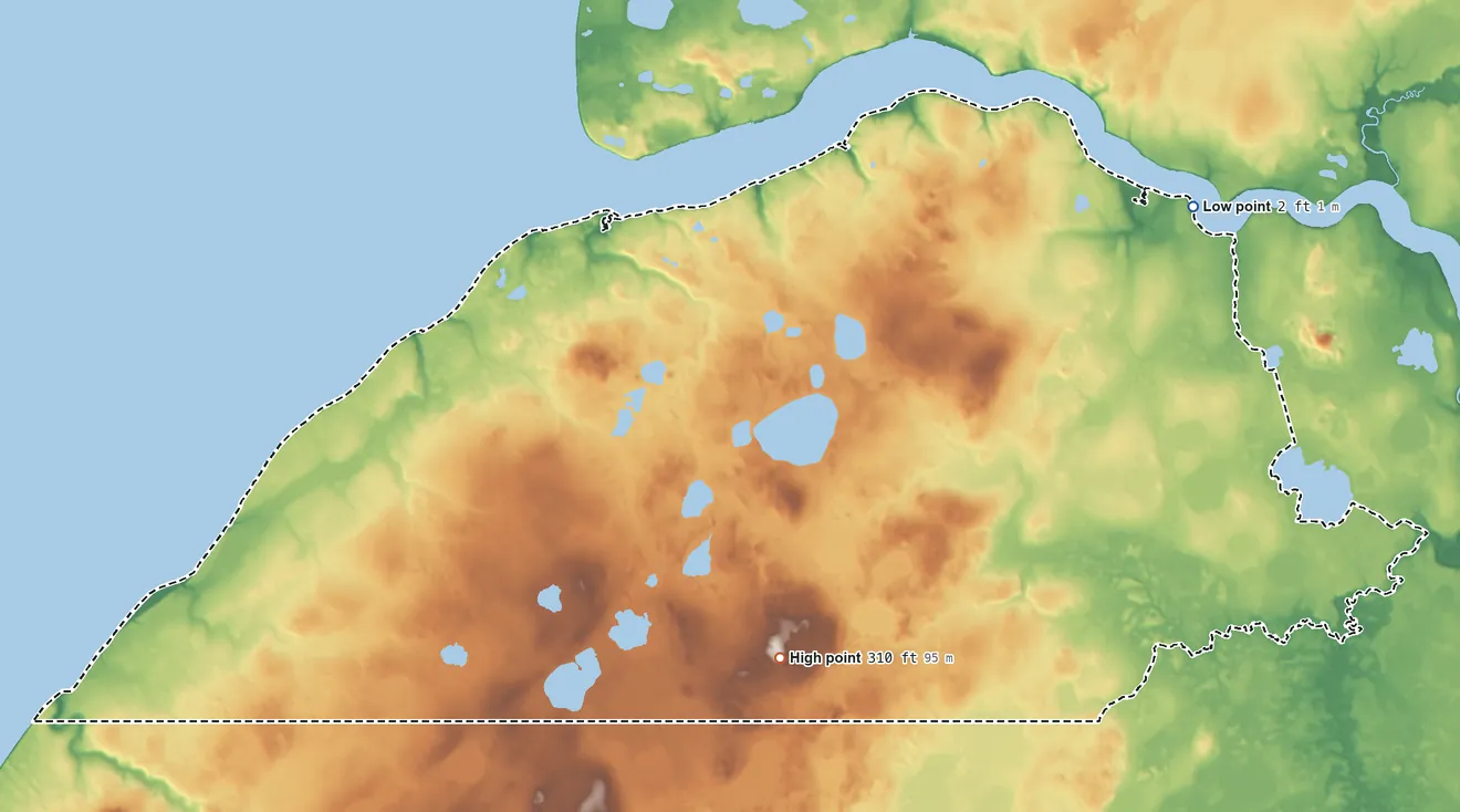 Topographic elevation map of South Naknek ANVSA, Alaska, shaded from 2 ft on the northeast side to 310 ft on the south side