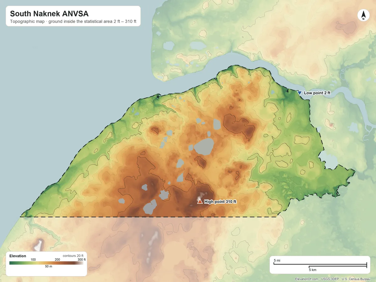 Topographic elevation map of South Naknek ANVSA, Alaska, shaded from 2 ft on the northeast side to 310 ft on the south side