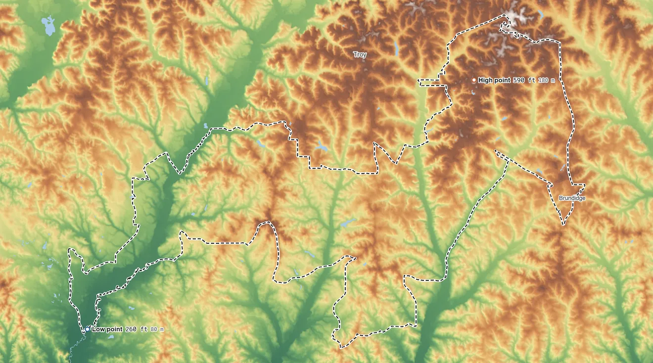 Topographic elevation map of Southeastern Mvskoke Nation SDTSA, Alabama, shaded from 260 ft on the southwest side to 590 ft on the northeast side
