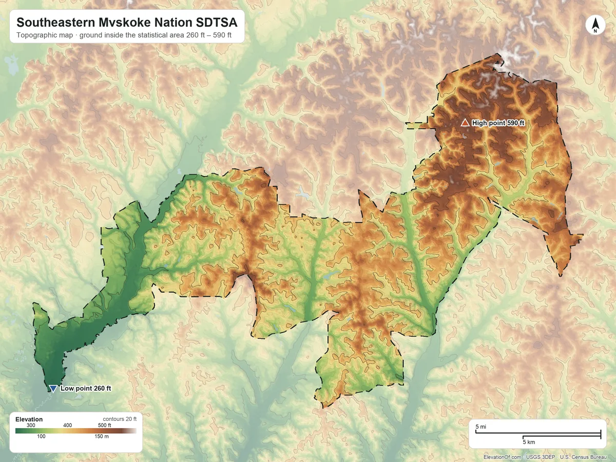 Topographic elevation map of Southeastern Mvskoke Nation SDTSA, Alabama, shaded from 260 ft on the southwest side to 590 ft on the northeast side