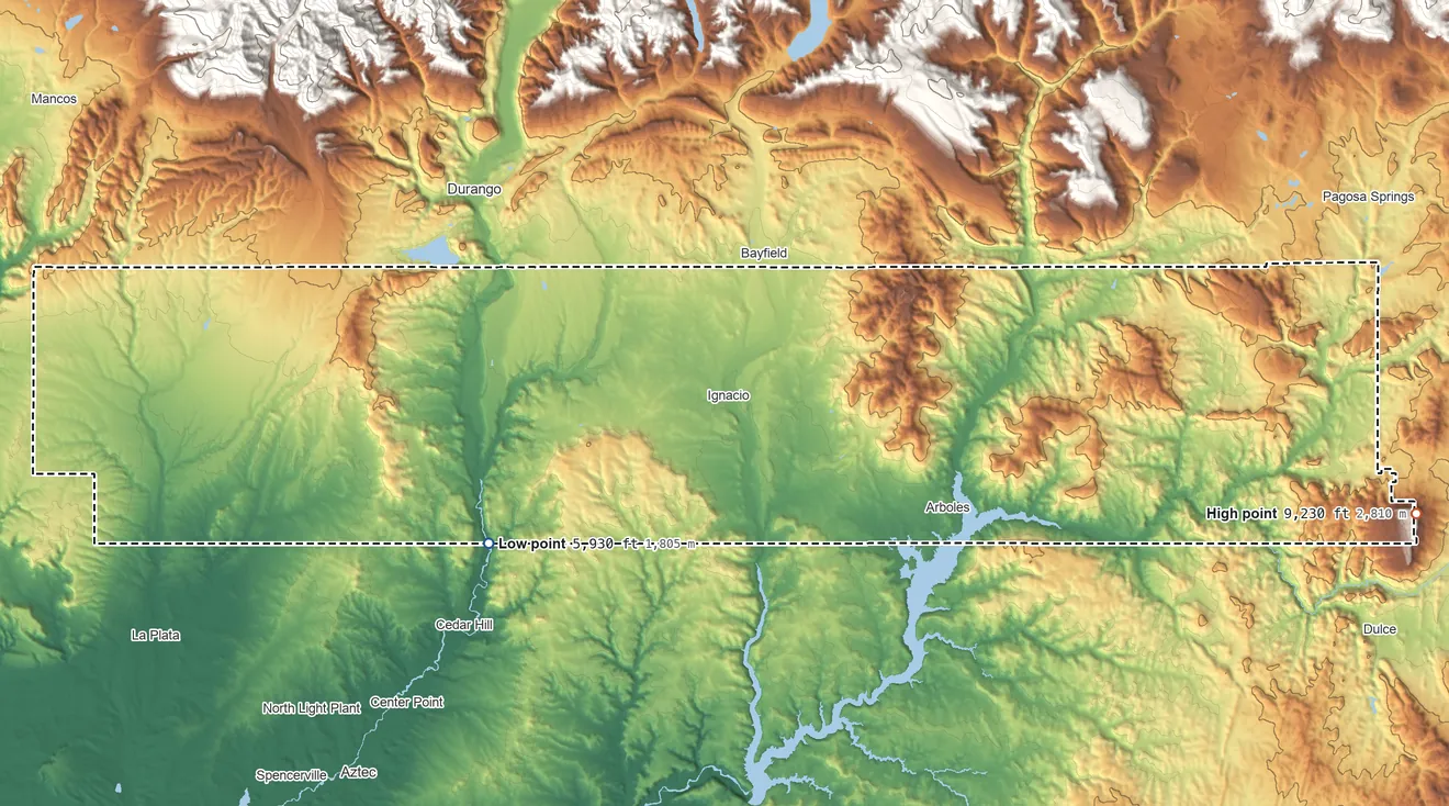 Topographic elevation map of Southern Ute Reservation, Colorado, shaded from 5,930 ft on the southwest side to 9,230 ft on Archuleta Mesa