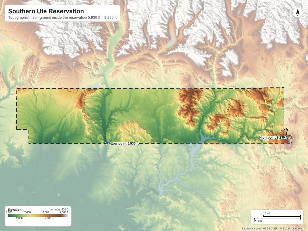 Topographic elevation map of Southern Ute Reservation, Colorado, shaded from 5,930 ft on the southwest side to 9,230 ft on Archuleta Mesa