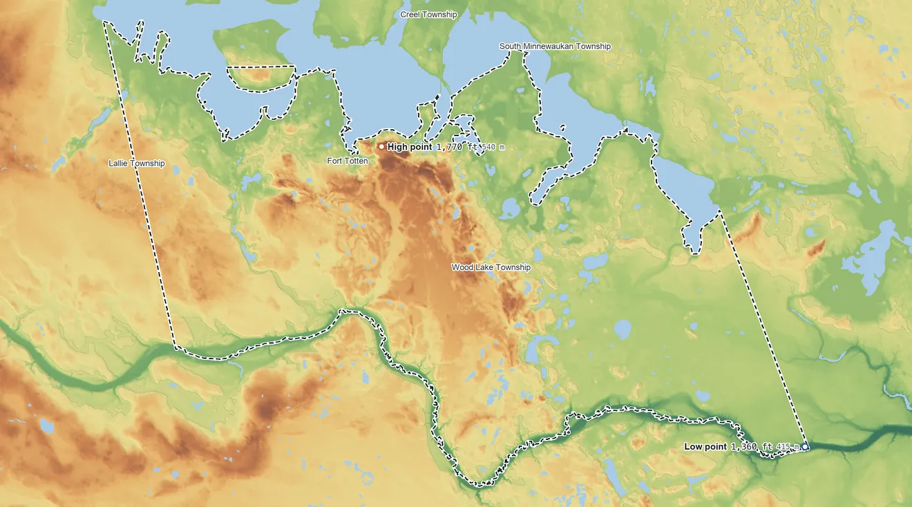 Topographic elevation map of Spirit Lake Reservation, North Dakota, shaded from 1,360 ft on the southeast side to 1,770 ft on Sullys Hill