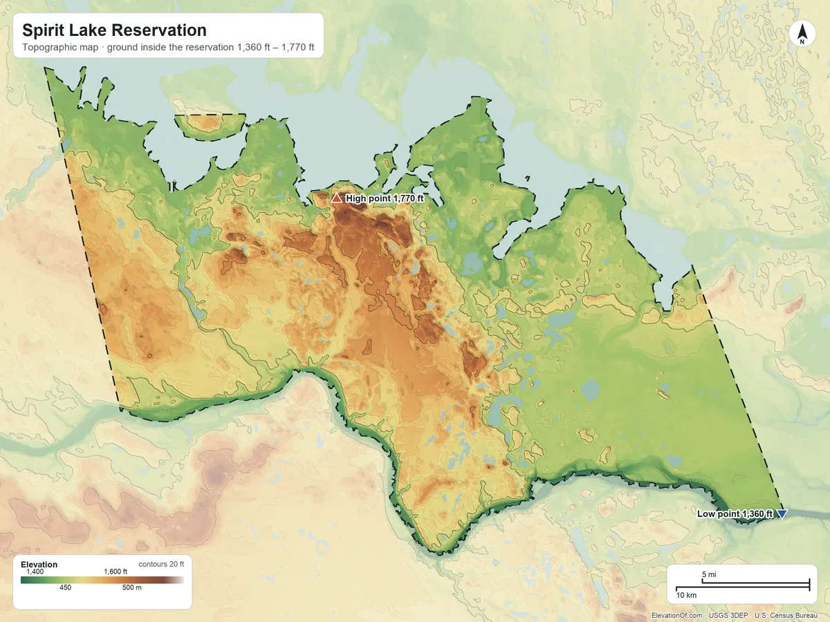 Topographic elevation map of Spirit Lake Reservation, North Dakota, shaded from 1,360 ft on the southeast side to 1,770 ft on Sullys Hill