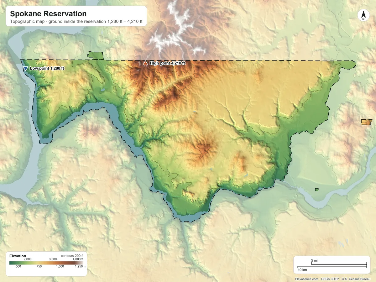 Topographic elevation map of Spokane Reservation, Washington, shaded from 1,280 ft on the northwest side to 4,210 ft on the northwest side