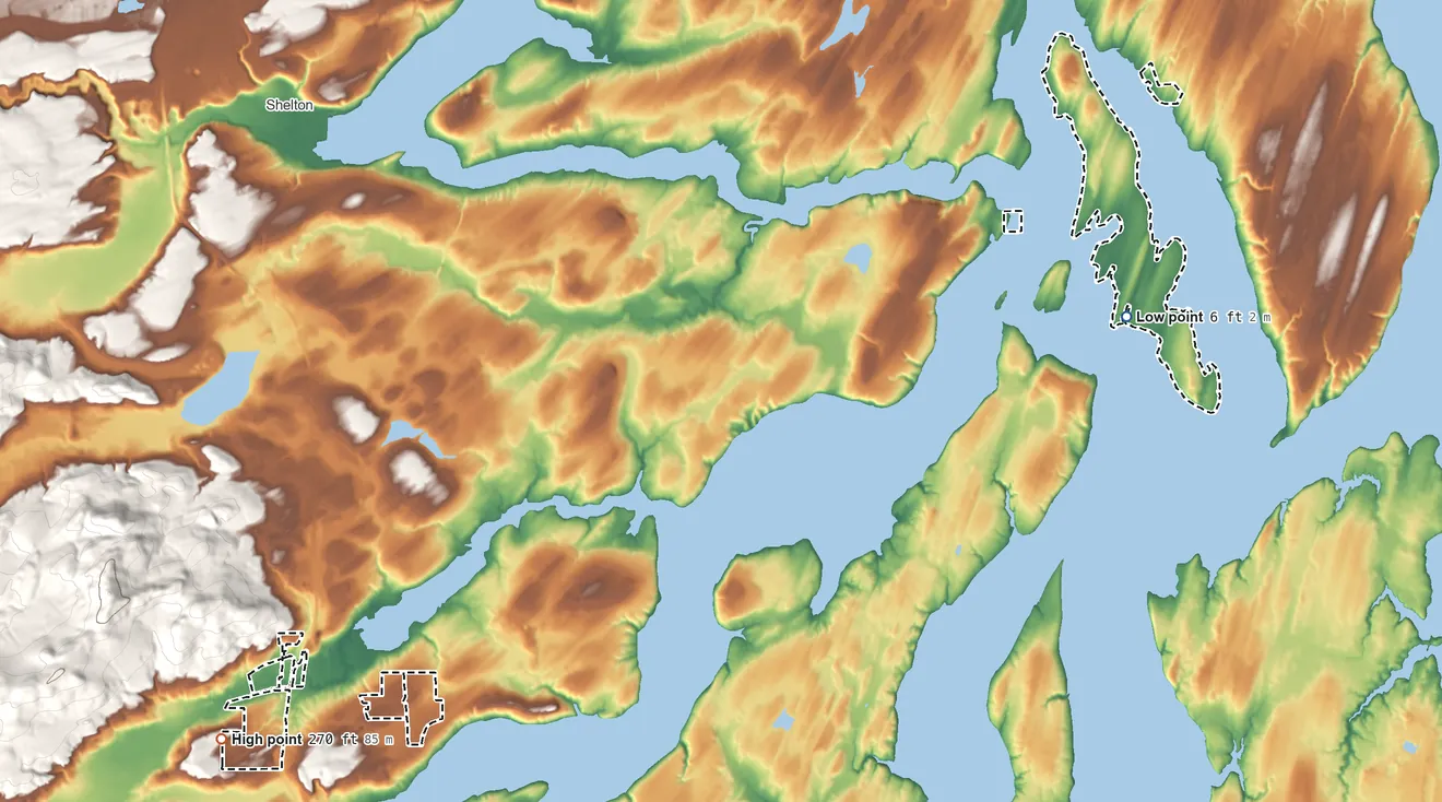 Topographic elevation map of Squaxin Island Reservation, Washington, shaded from 6 ft on the east side to 270 ft on the southwest side