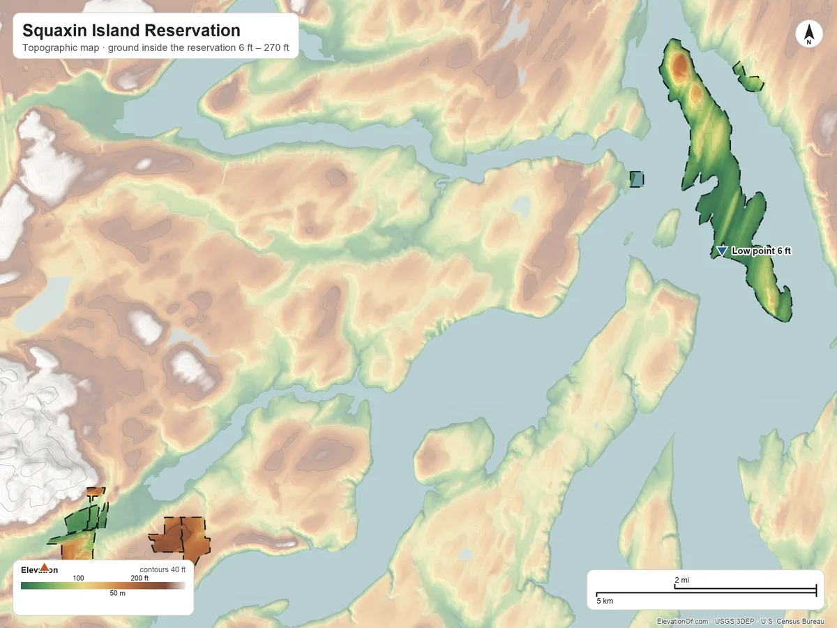 Topographic elevation map of Squaxin Island Reservation, Washington, shaded from 6 ft on the east side to 270 ft on the southwest side
