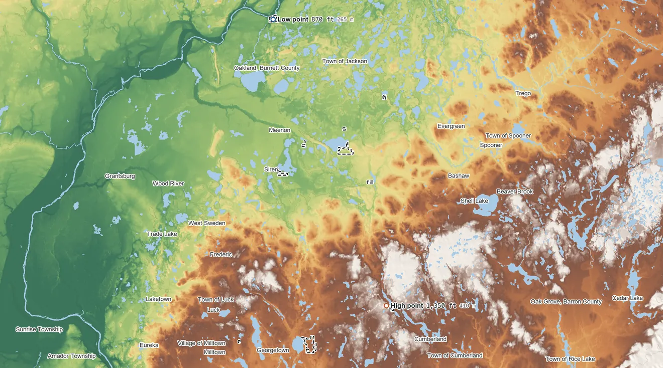 Topographic elevation map of St. Croix Reservation, Wisconsin, shaded from 870 ft on the north side to 1,350 ft on the southeast side