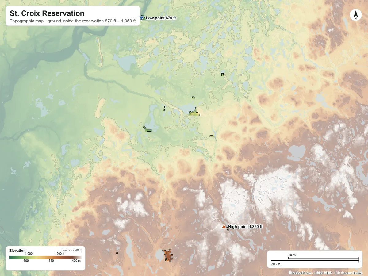 Topographic elevation map of St. Croix Reservation, Wisconsin, shaded from 870 ft on the north side to 1,350 ft on the southeast side