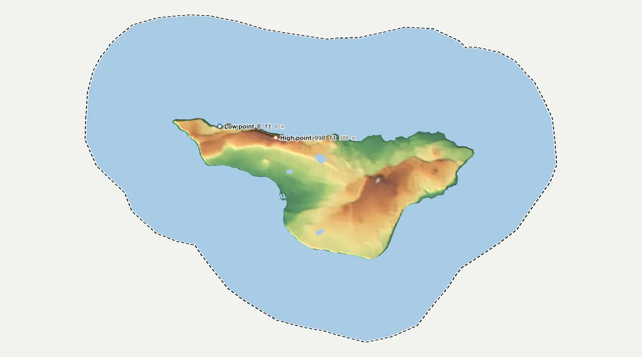 Topographic elevation map of St. George ANVSA, Alaska, shaded from sea level on the Bering Sea to 990 ft on the northwest side