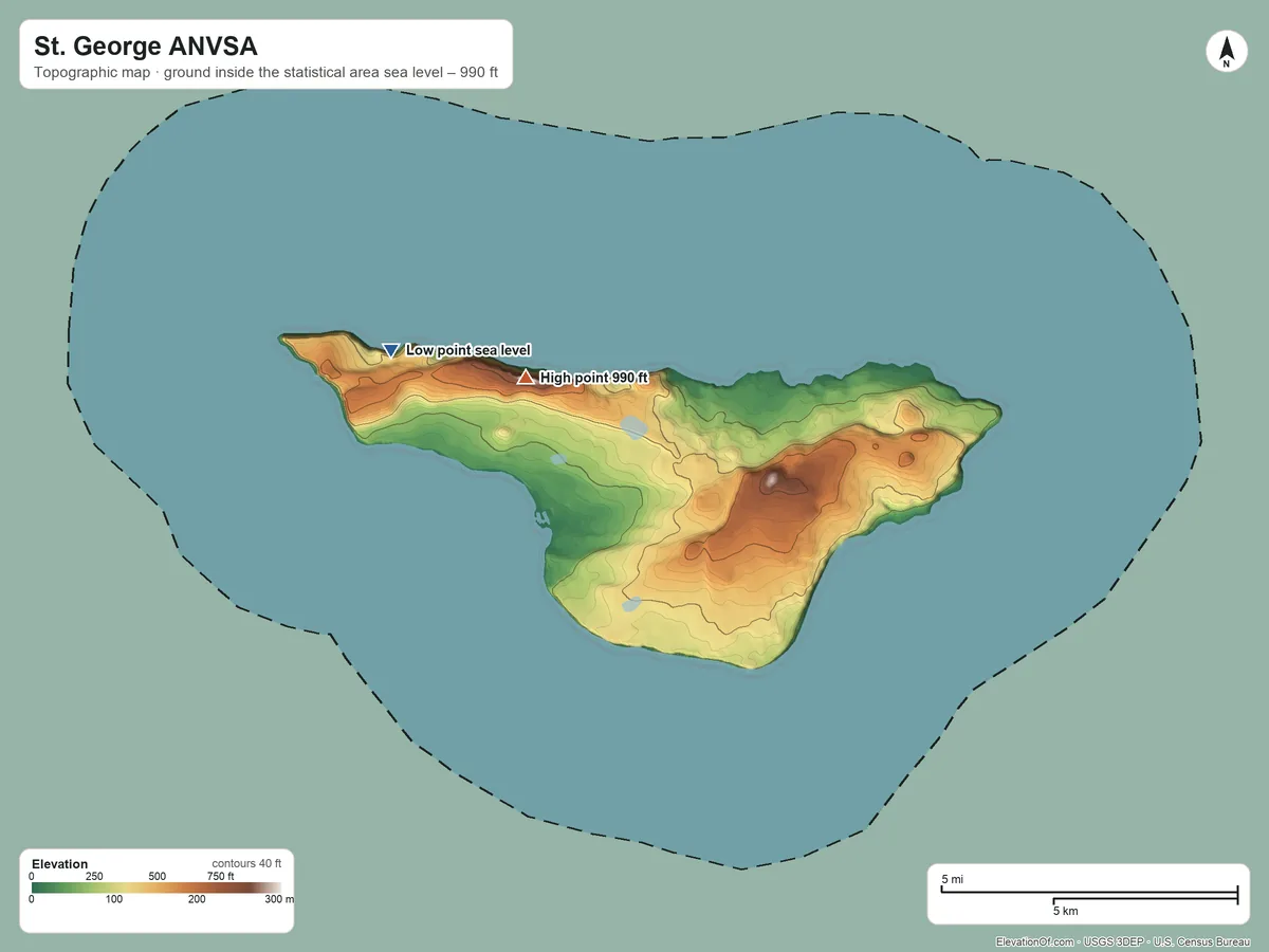 Topographic elevation map of St. George ANVSA, Alaska, shaded from sea level on the Bering Sea to 990 ft on the northwest side