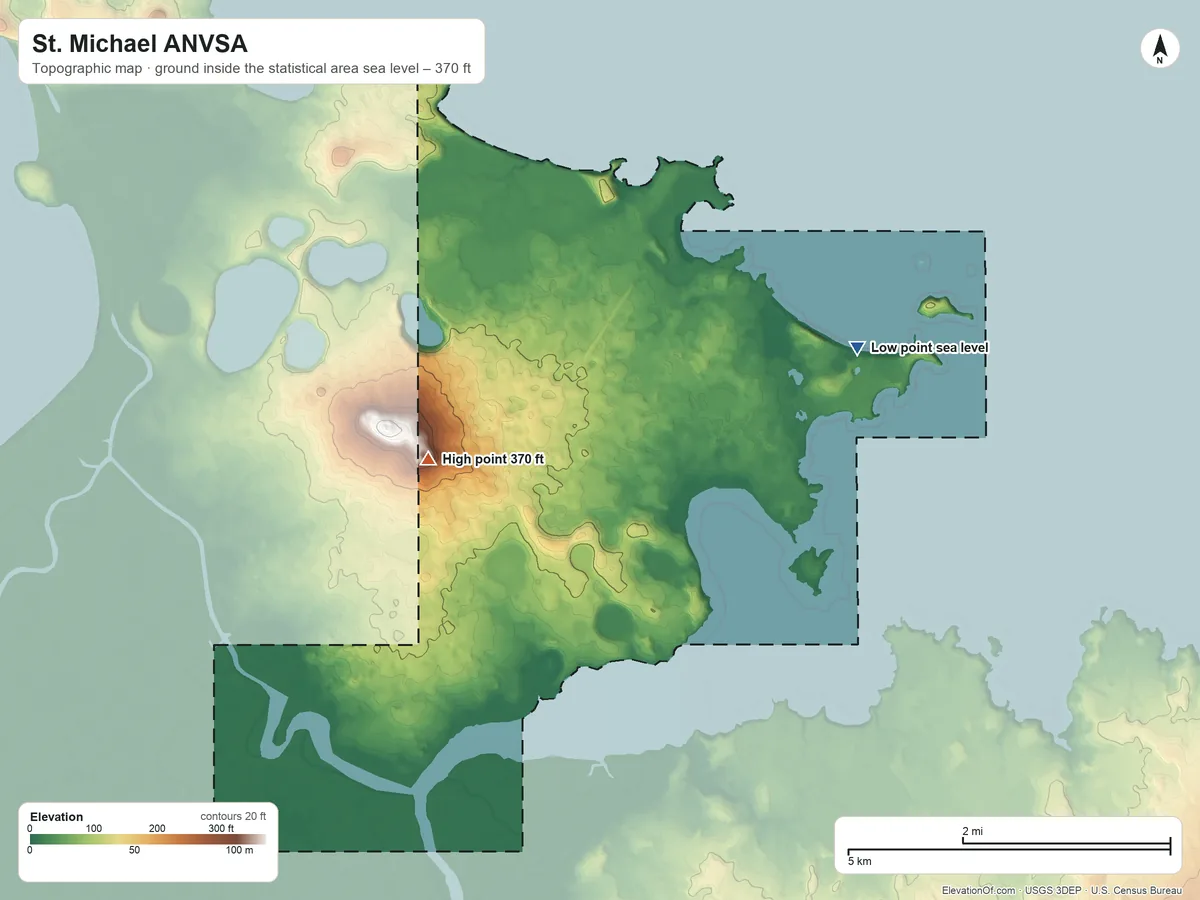 Topographic elevation map of St. Michael ANVSA, Alaska, shaded from sea level on Saint Michael Bay to 370 ft on the west side