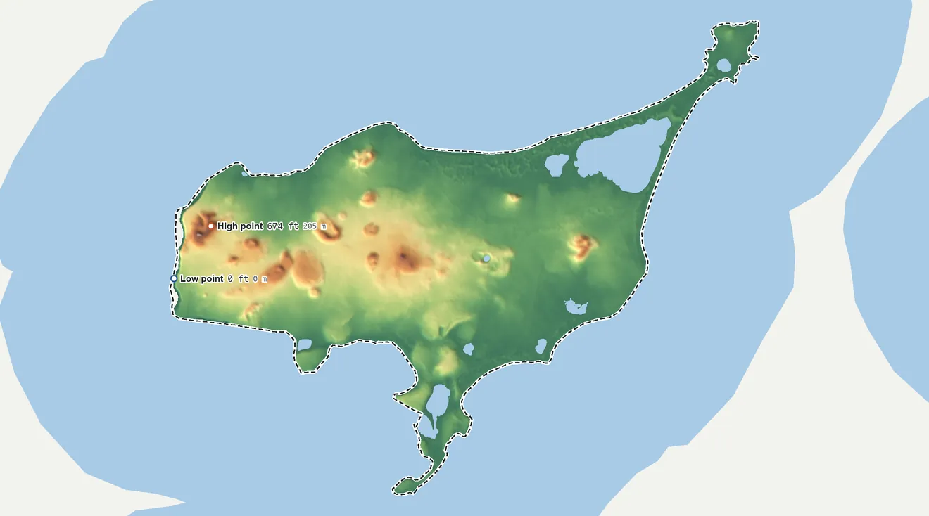 Topographic elevation map of St. Paul ANVSA, Alaska, shaded from sea level on the Bering Sea to 674 ft on Rush Hill