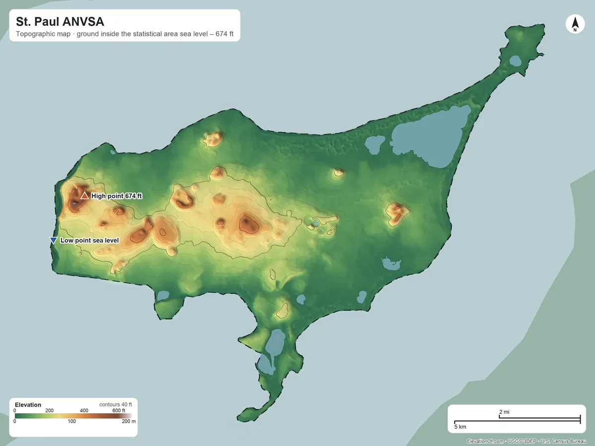 Topographic elevation map of St. Paul ANVSA, Alaska, shaded from sea level on the Bering Sea to 674 ft on Rush Hill