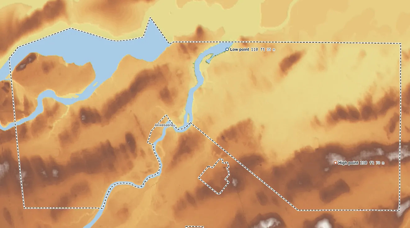 Topographic elevation map of St. Regis Mohawk Reservation, New York, shaded from 110 ft on the north side to 230 ft on the east side