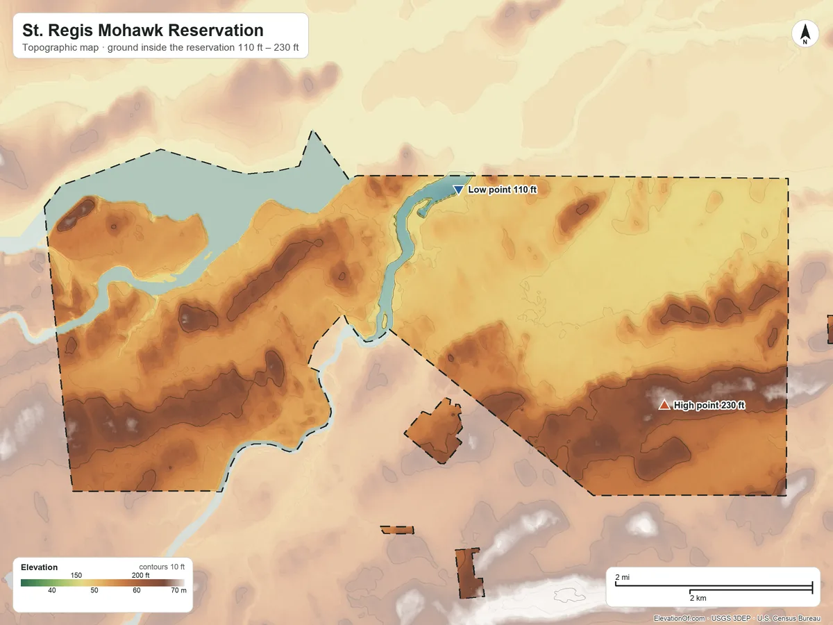 Topographic elevation map of St. Regis Mohawk Reservation, New York, shaded from 110 ft on the north side to 230 ft on the east side