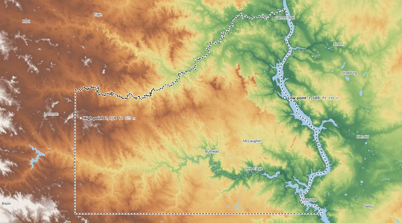 Topographic elevation map of Standing Rock Reservation, South Dakota, shaded from 1,600 ft on the east side to 2,710 ft on Thunder Hawk Butte