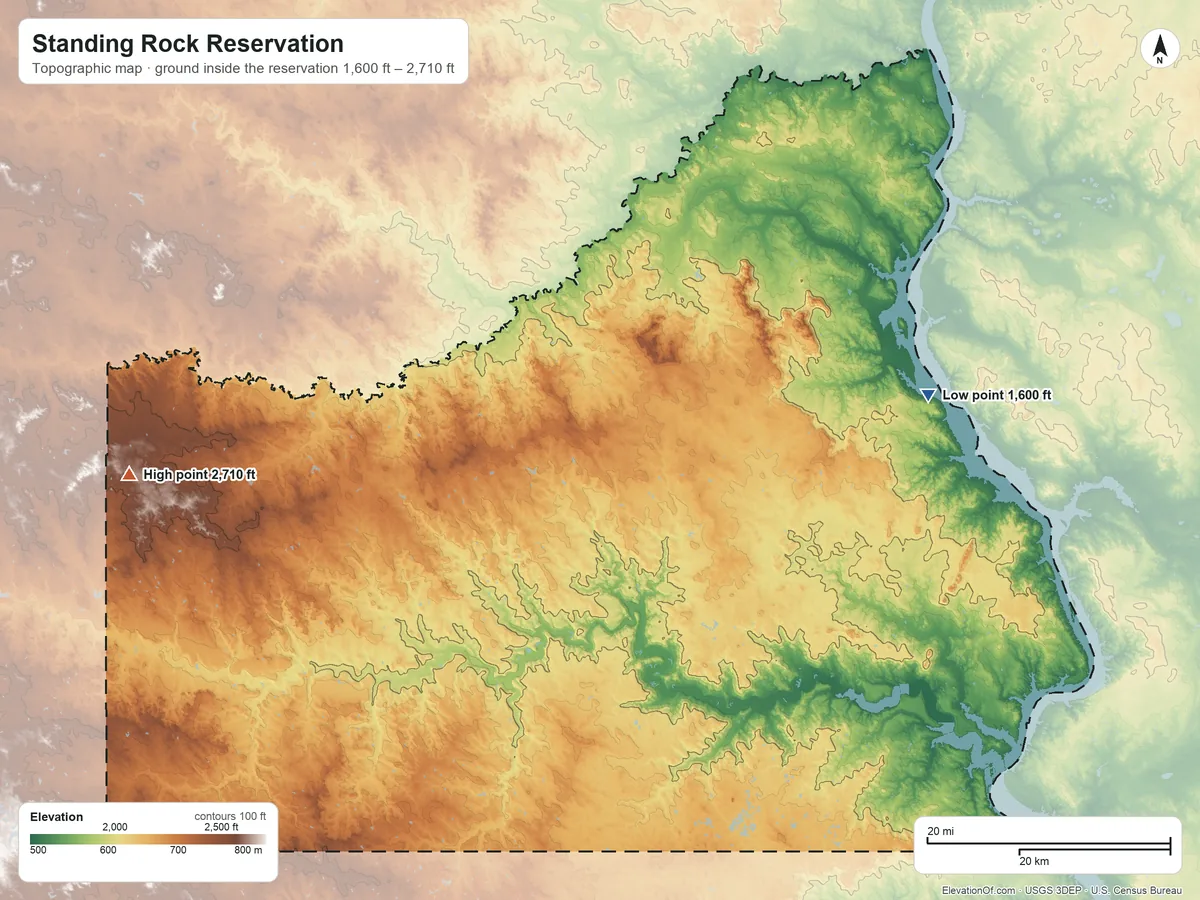 Topographic elevation map of Standing Rock Reservation, South Dakota, shaded from 1,600 ft on the east side to 2,710 ft on Thunder Hawk Butte