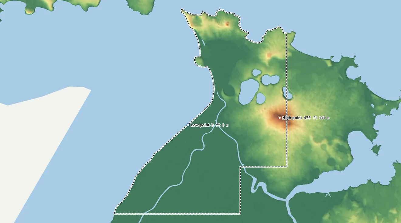 Topographic elevation map of Stebbins ANVSA, Alaska, shaded from 0 ft near the middle to 470 ft on Saint Michael Mountain