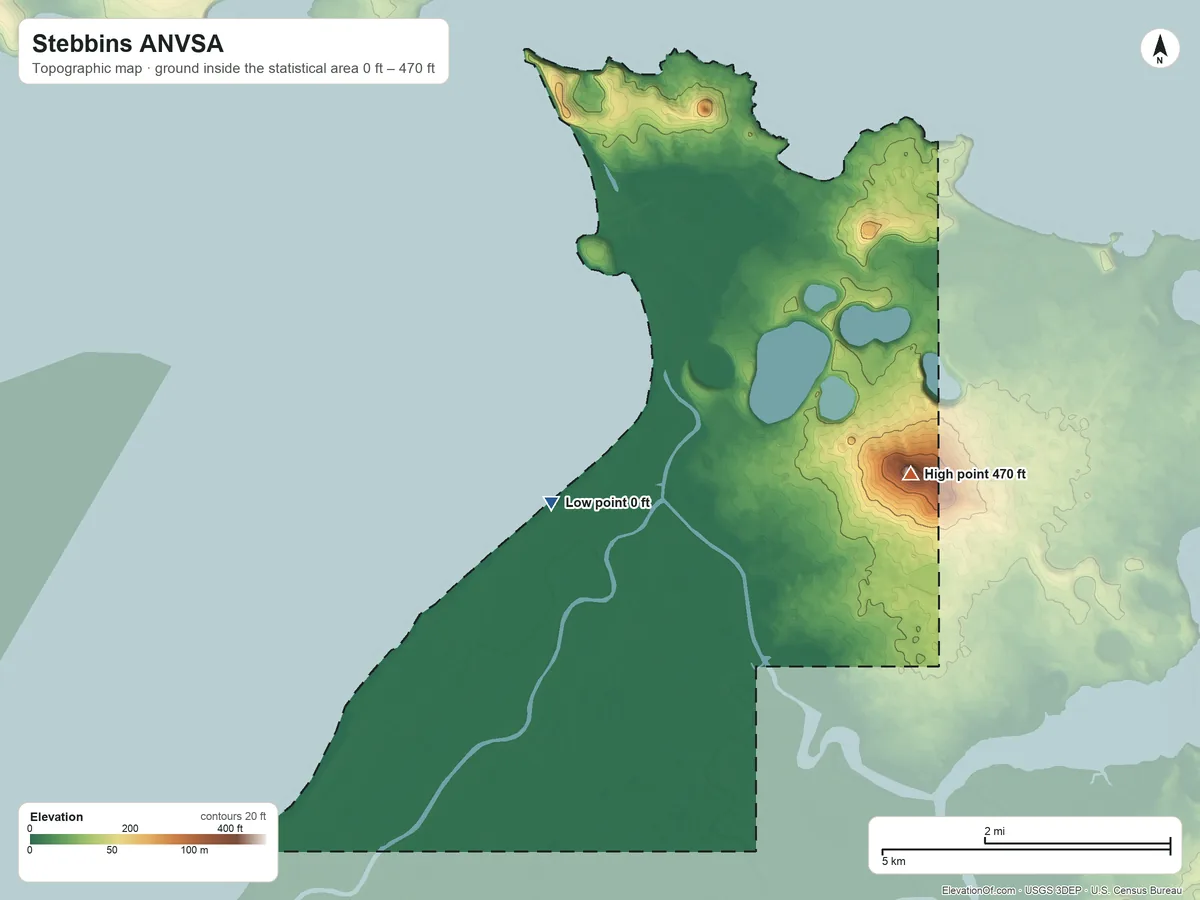 Topographic elevation map of Stebbins ANVSA, Alaska, shaded from 0 ft near the middle to 470 ft on Saint Michael Mountain