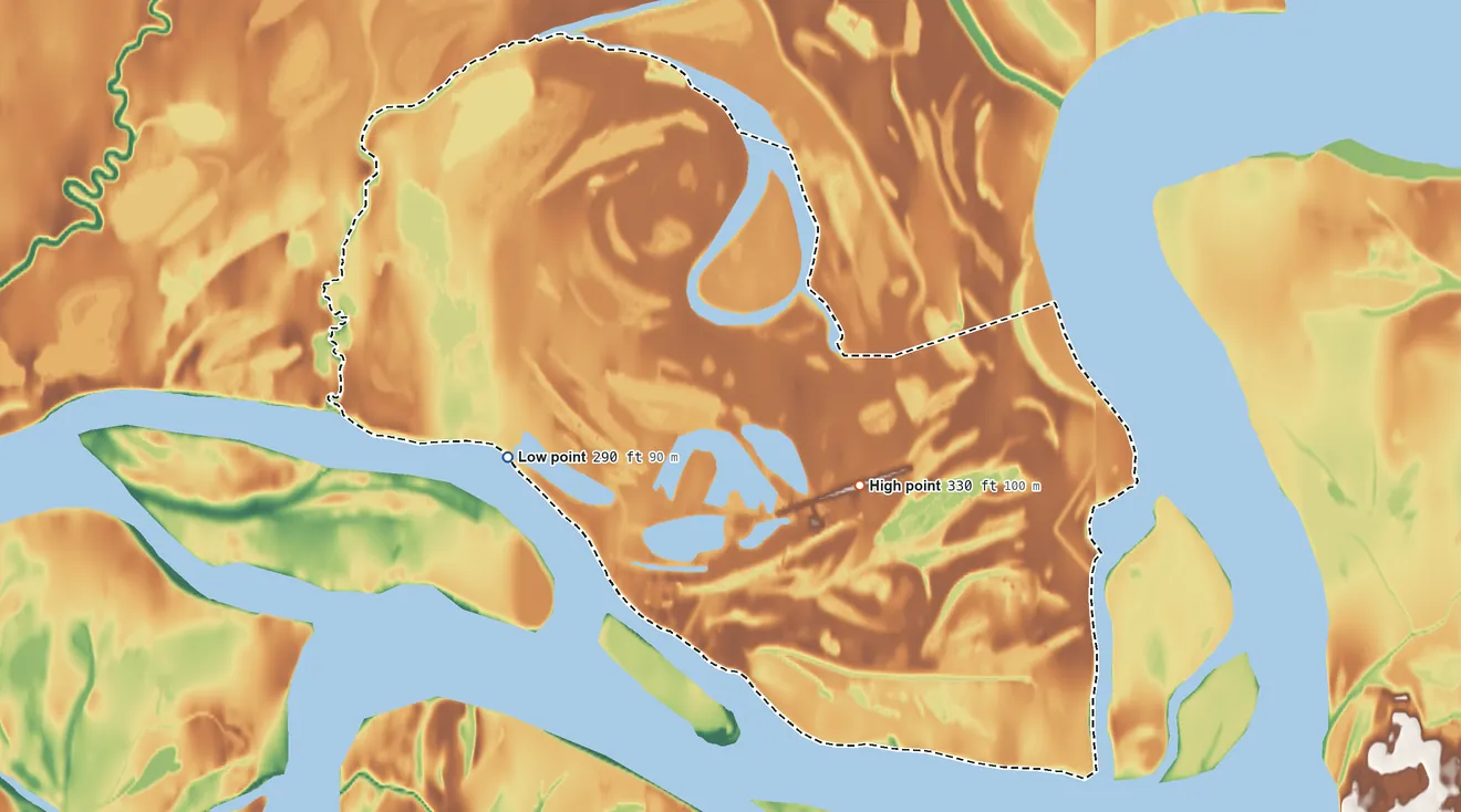 Topographic elevation map of Stevens Village ANVSA, Alaska, shaded from 290 ft on the west side to 330 ft on the southeast side