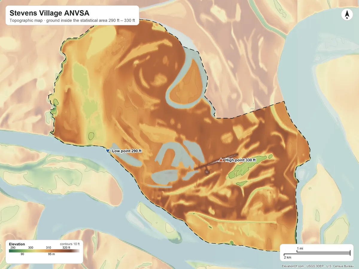 Topographic elevation map of Stevens Village ANVSA, Alaska, shaded from 290 ft on the west side to 330 ft on the southeast side