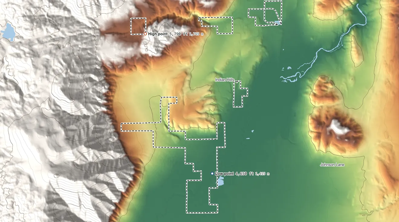 Topographic elevation map of Stewart Community, Nevada, shaded from 4,650 ft on the south side to 5,790 ft on the northwest side